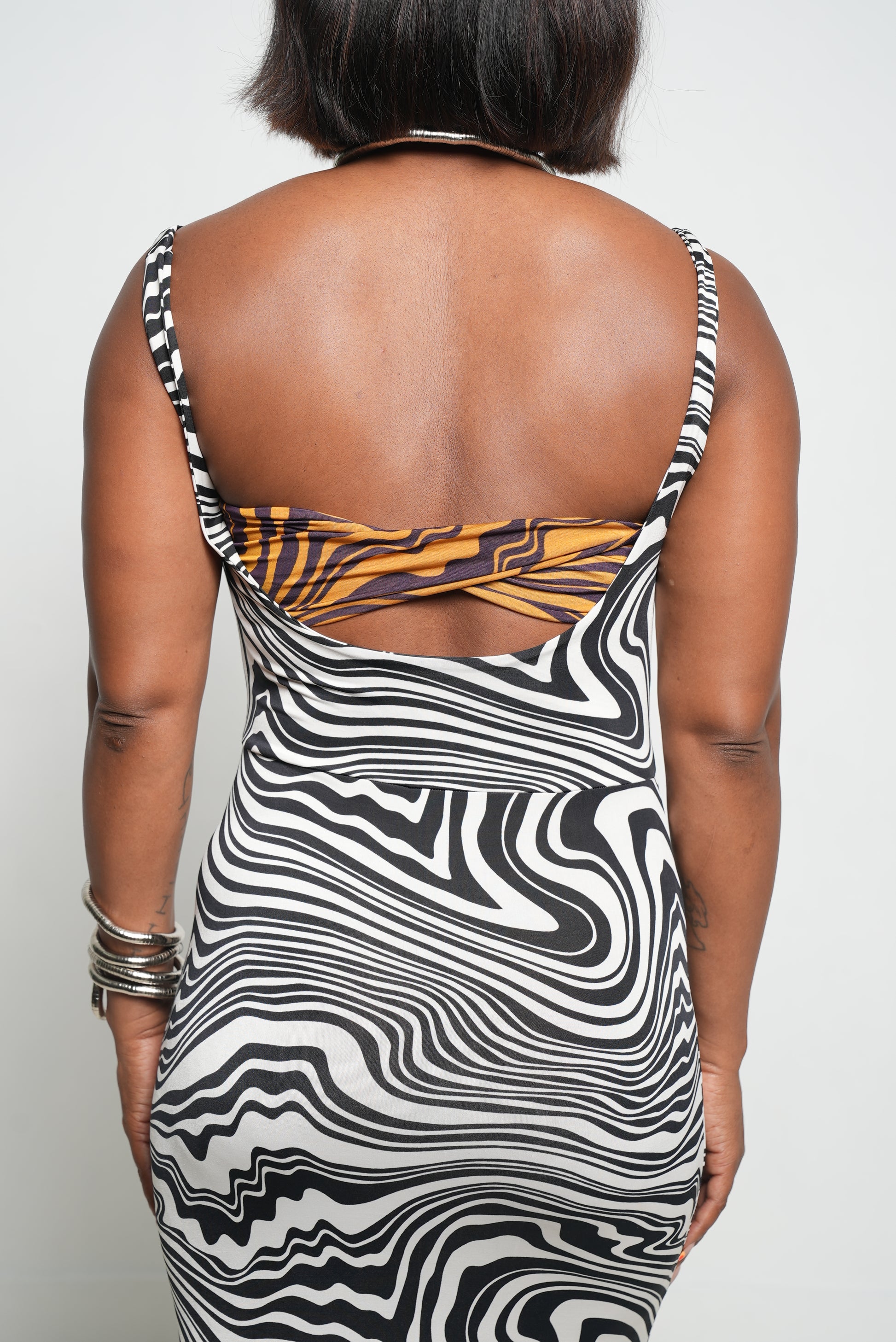 black and white open back dress Black and White Maxi Dress Open Back & Tie Deta